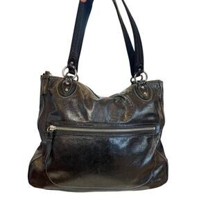 Coach Camelia Black Distressed Leather Shoulder Bag, Silver Hardware Teal Lining
